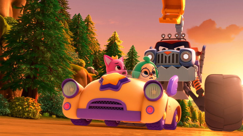 Pinkfong and Hogi standing in Wonder Village, surrounded by bright, oversized flowers and whimsical buildings
