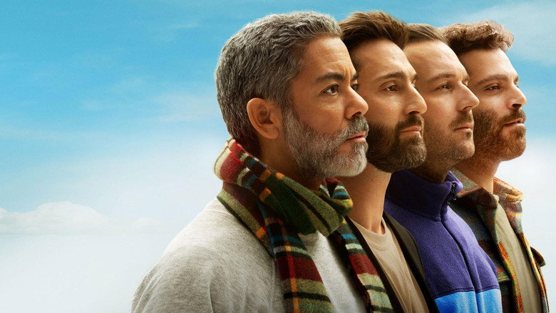 Four middle-aged men in casual clothes sit awkwardly in a circle, looking uncomfortable, as if in a therapy session.