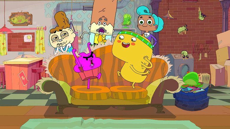 A chaotic office scene where Cupcake, a small pink cupcake with arms and legs, stands on a desk while Dino, a towering green dinosaur, looms over him, both looking determined as papers fly around them.