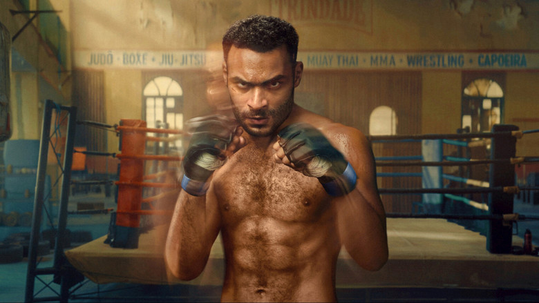 A fighter’s bloodied hands gripping the cage, his face half-lit by the harsh gym lights