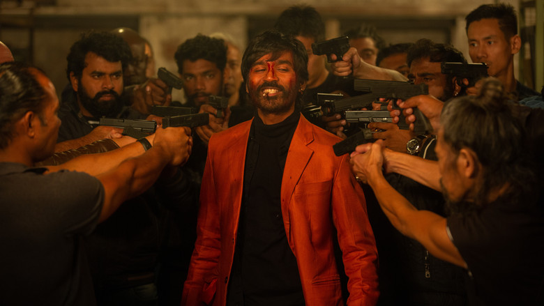 Suruli and his gang in a dimly lit London alley, the neon glow of the city reflecting off their faces