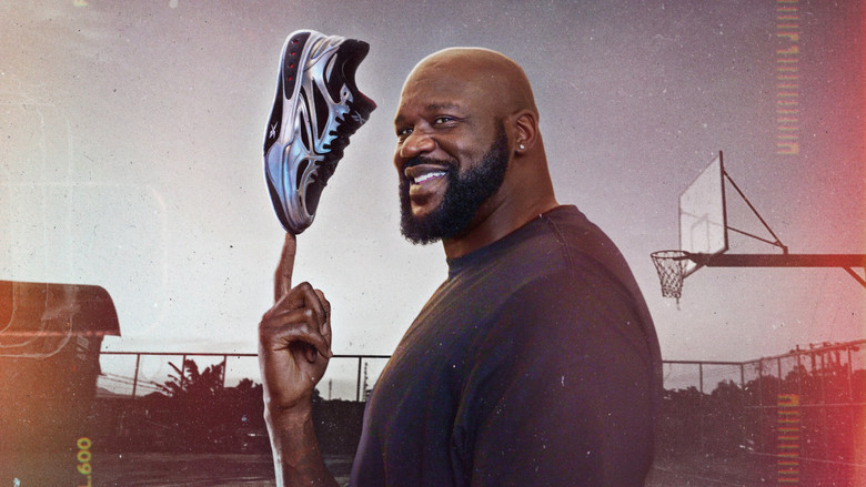 Shaq and Allen Iverson in a design lab, surrounded by sneaker prototypes, their expressions a mix of concentration and amusement