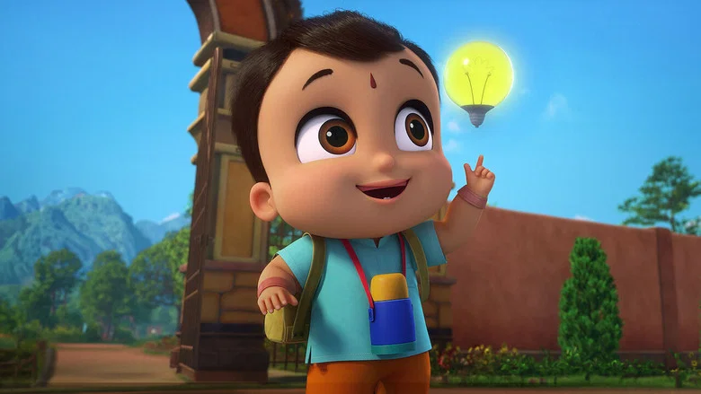 Bheem mid-swing on a playground, his tiny legs kicking as he soars above a slide, eyes wide with joy