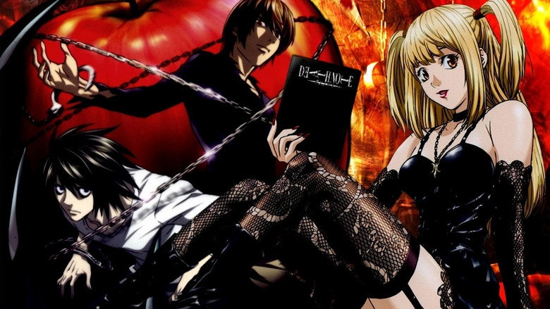 Light Yagami writing in the Death Note, his face half-lit by a desk lamp, shadows stretching like fingers across the page.