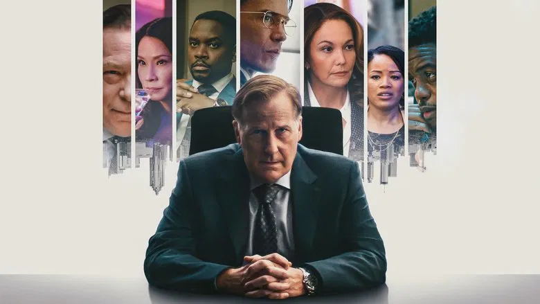 Charlie Croker, in a tailored suit, stands in the middle of a half-built skyscraper, his expression caught between defiance and desperation.
