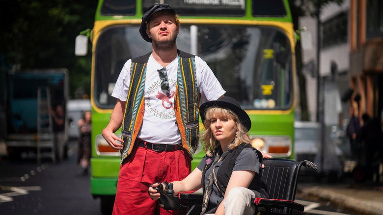 A protest scene with activists in wheelchairs blocking a street, their faces determined and defiant.