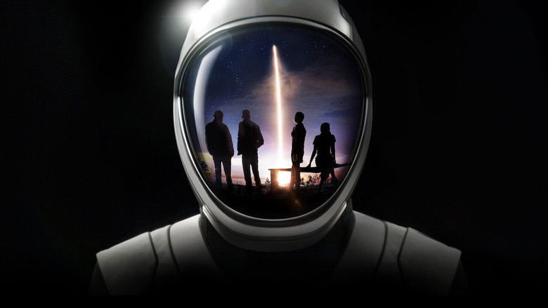 The Inspiration4 crew in their SpaceX training suits, standing in front of a launchpad under a pale blue sky
