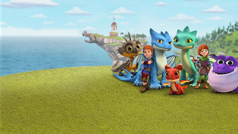 A group of young riders and their dragons standing on a cliff, overlooking a misty valley