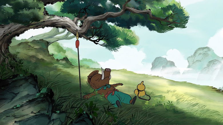 A lone figure standing before a vast, ink-washed mountain range