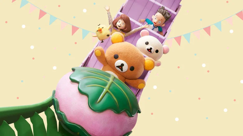 A pastel-hued theme park at dusk, the rides glowing softly as Rilakkuma and friends wander through empty pathways.