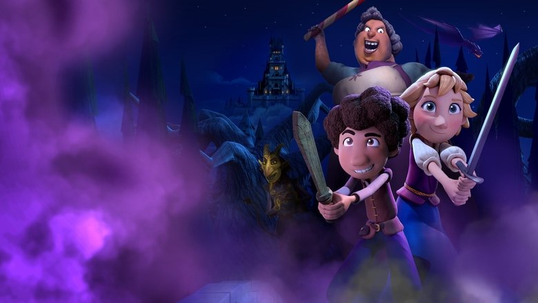 Hansel and Gretel stand in a moonlit forest, the trees twisted into grotesque shapes, their faces half-lit by an eerie glow