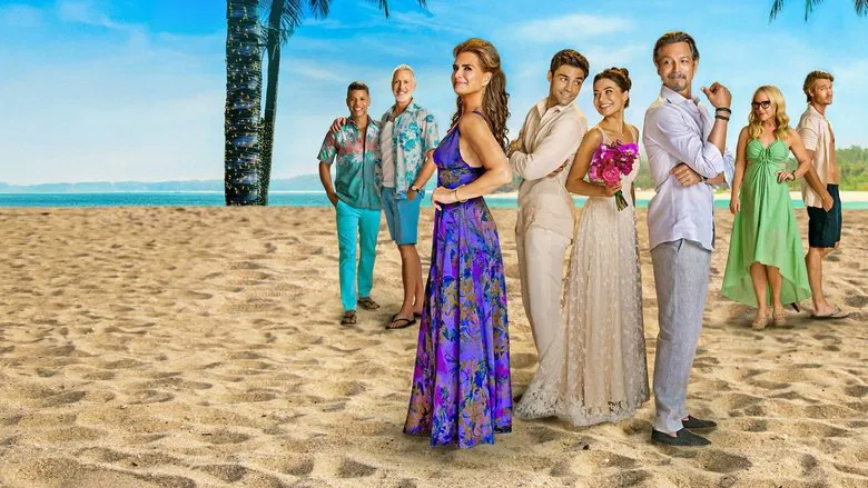 A sun-drenched beach resort, where the film’s characters stand in stiff, overly lit poses, as if they’ve been photoshopped into the scenery.