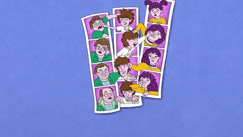 The Schwooper siblings as adults, gathered around a cluttered dinner table, their expressions a mix of exhaustion and affection
