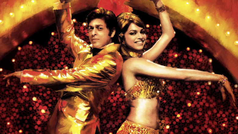 A lavish Bollywood set, drenched in golden light, where Om Prakash and Shantipriya share a fleeting moment between takes