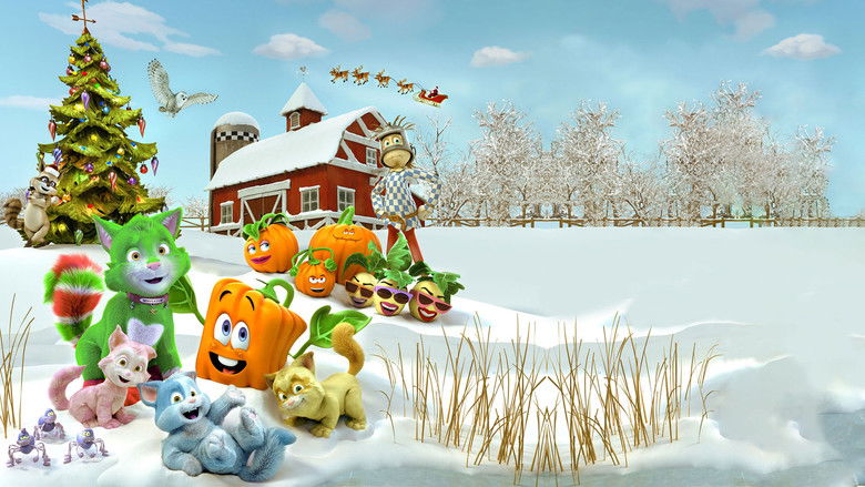 Spookley and Mistletoe huddle with the kittens in a snowy field, their breath visible in the cold air