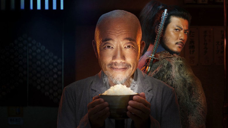 A quiet Tokyo street at dusk, the glow of a small izakaya spilling onto the pavement, where Takeshi sits alone at the counter, a half-finished bowl of ramen in front of him.