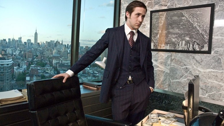 A dimly lit room where David Marks (Gosling) stands in shadow, his face half-obscured, as if caught between confession and concealment.