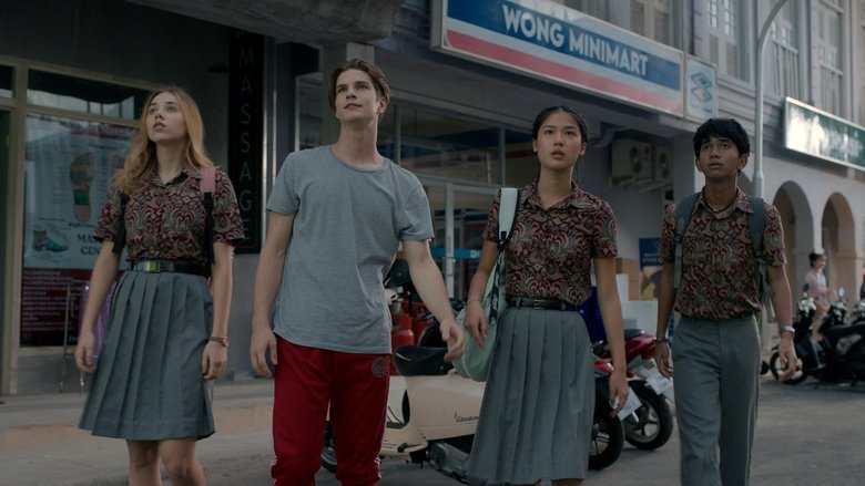 A group of teens huddle in a dimly lit alley, their faces half-lit by a flickering streetlamp