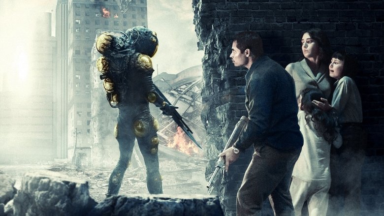 A man in a bloodstained shirt stands in a ruined city, staring at a massive alien ship hovering overhead