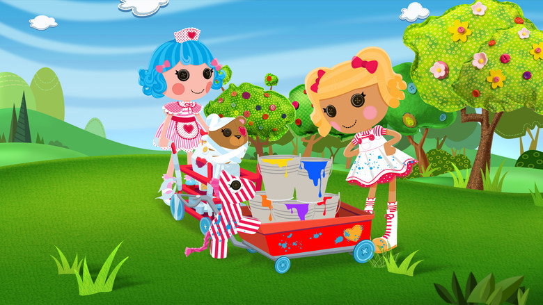 A group of Lalaloopsy dolls gathered around a table, their bright, stitched smiles glowing under soft pastel lighting.