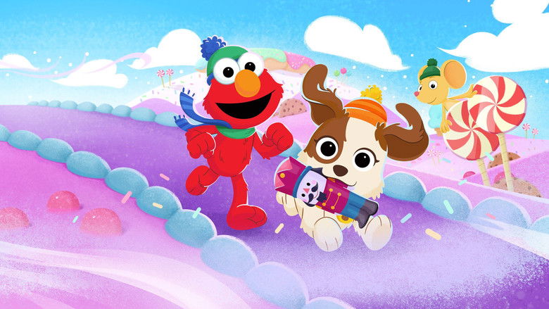 Elmo and his puppy Tango exploring a vibrant, animated winter wonderland