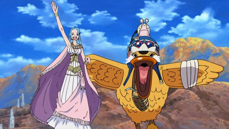 The Straw Hat Pirates stand against a vast desert backdrop, their silhouettes small but determined against the dunes.