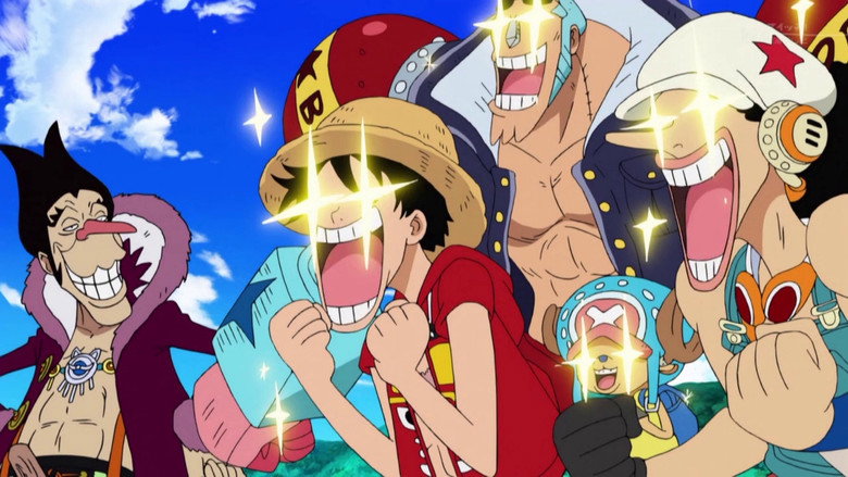 The Straw Hats and Foxy Pirates stand in a dense, glowing fog, their silhouettes barely visible as they prepare for battle