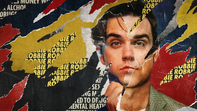 Robbie Williams lying in bed, watching archival footage on a laptop