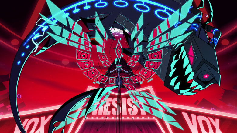 Charlie and Vaggie overlooking the fiery cityscape of Hell