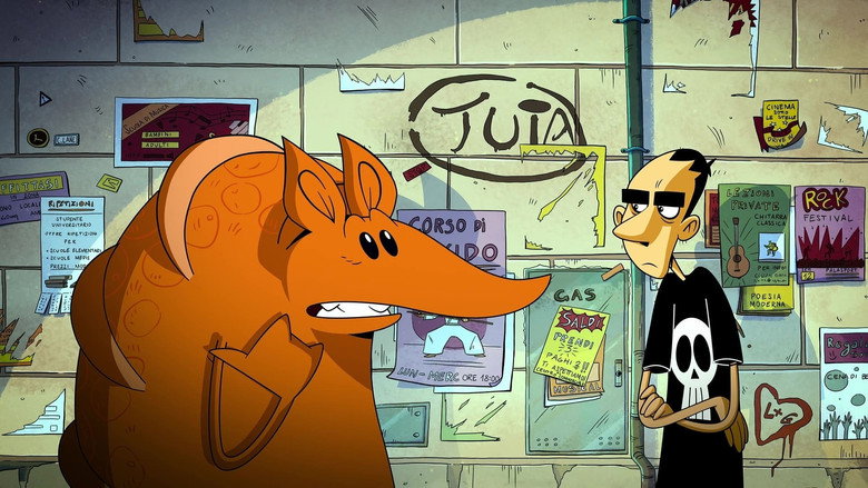 The protagonist and his armadillo conscience sit on a rooftop at dusk, the city sprawling behind them like a half-remembered dream.