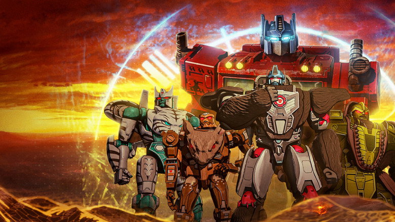 A towering Autobot stands silhouetted against a storm-lit prehistoric landscape, the Allspark glowing in the distance.