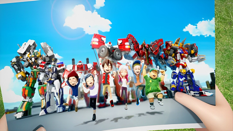 A group of young detectives standing in a futuristic city, their robot companions glowing beside them