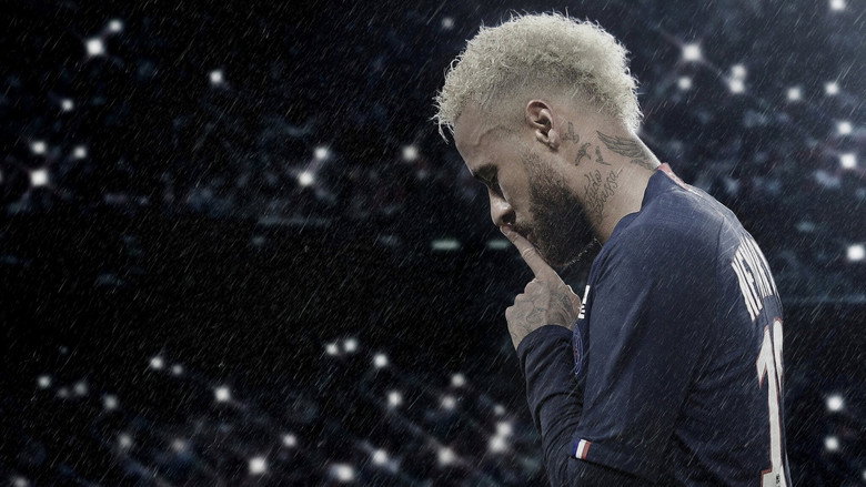 Neymar in mid-dribble, his body arched as defenders close in