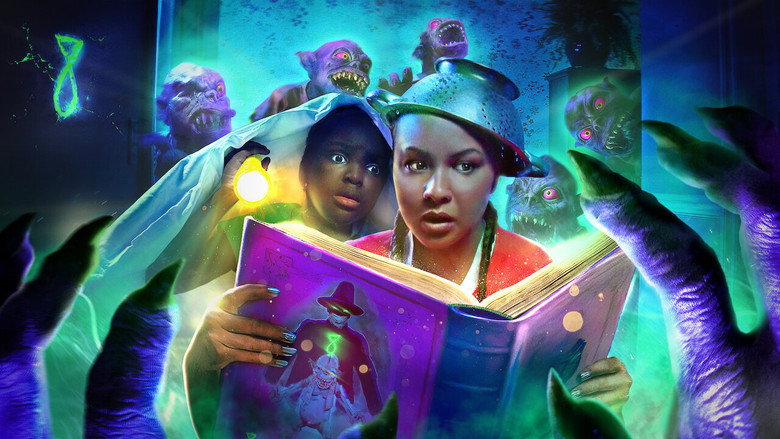 Auntie Opal and Nina sit on a couch, the storybook between them glowing with an eerie light