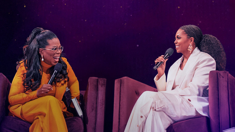 Michelle Obama and Oprah Winfrey seated closely, their expressions warm and engaged, the lighting soft and golden as if bathed in late afternoon sun.