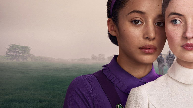 A classroom scene where young girls in Gilead uniforms are being indoctrinated