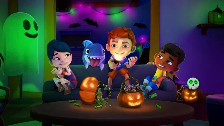 A shadowy, moonlit street where the "Fearsome Fog" creeps in, swallowing jack-o'-lanterns and candy buckets whole.