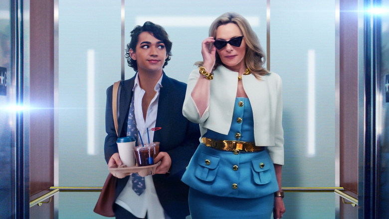 Marco and Madolyn Addison in a sleek, neon-lit office, the camera catching the sheen of their glossy outfits and the artificial glow of the beauty industry around them.