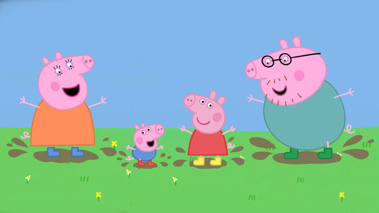 Peppa and friends standing on a green hill