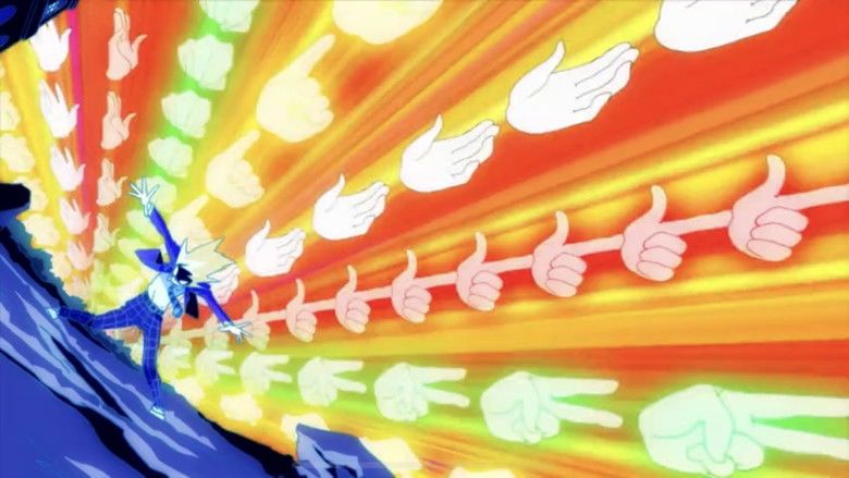 Reigen Arataka looks on with a comically confident expression while Mob stands in the background