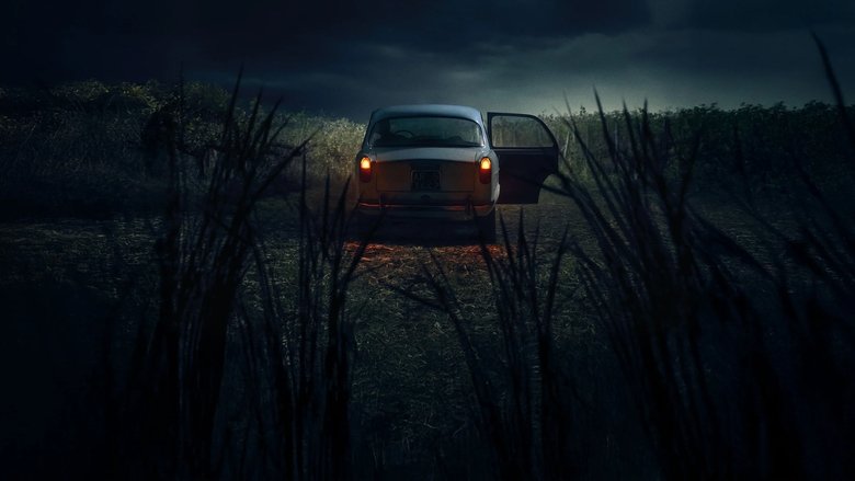 A lone car parked on a dark, tree-lined road, its headlights cutting through the mist—an eerie recreation of the lovers' lanes where the Monster struck.