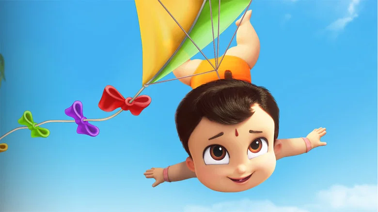 A vibrant kite festival scene, with Bheem and his friends running through a sunlit village square, their kites soaring above rooftops.