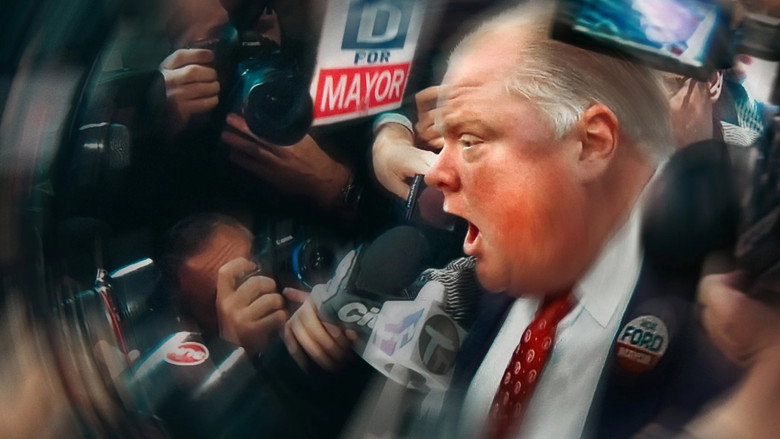 A grainy, high-contrast shot of Rob Ford at a press conference, his face half in shadow, the Toronto skyline blurred in the background