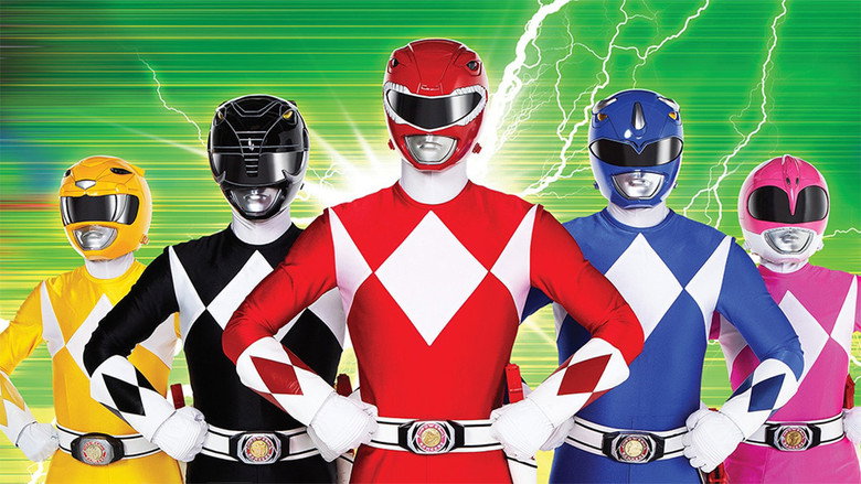 The Rangers stand in their morphing sequence, their suits rendered in hyper-sharp but strangely plastic detail