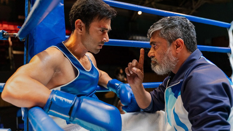 A dimly lit boxing gym, the ropes casting long shadows across the canvas. Two brothers stand in the center, their faces half-lit by a single bulb, the weight of unspoken words hanging between them.