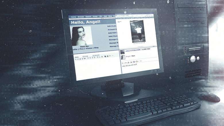 A close-up of a computer screen displaying a social media profile, the glow of the monitor illuminating a face in the dark.