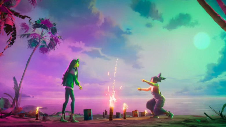 Two silhouettes standing at the edge of a cliff, looking out over a sea that reflects a night sky filled with impossible, swirling constellations.