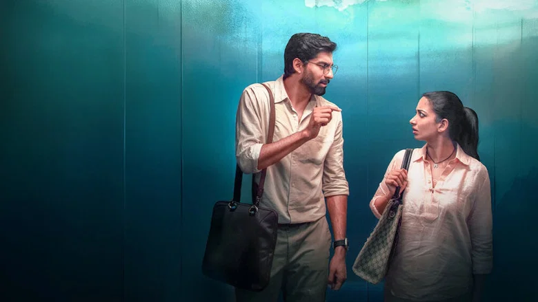 A dimly lit café scene where Mathi and Ajay sit across from each other, their phones glowing between them, the app interface reflected in their eyes.