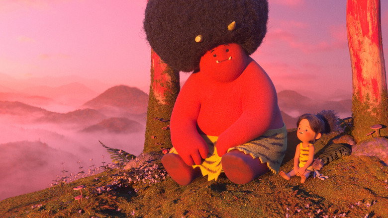 A village at dusk, bathed in the glow of lanterns, with the shadow of a towering oni looming over the rooftops