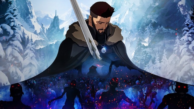 A shadowy figure stands in a ruined temple, his sword glowing faintly against the darkness.